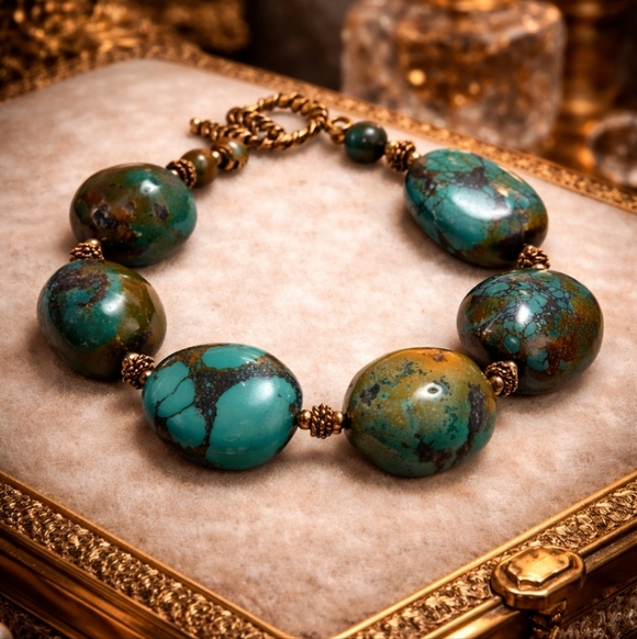 ARTISAN HEAVY TURQUOISE BRONZE NUGGET BRACELET VINTAGE 80S GEMSTONE